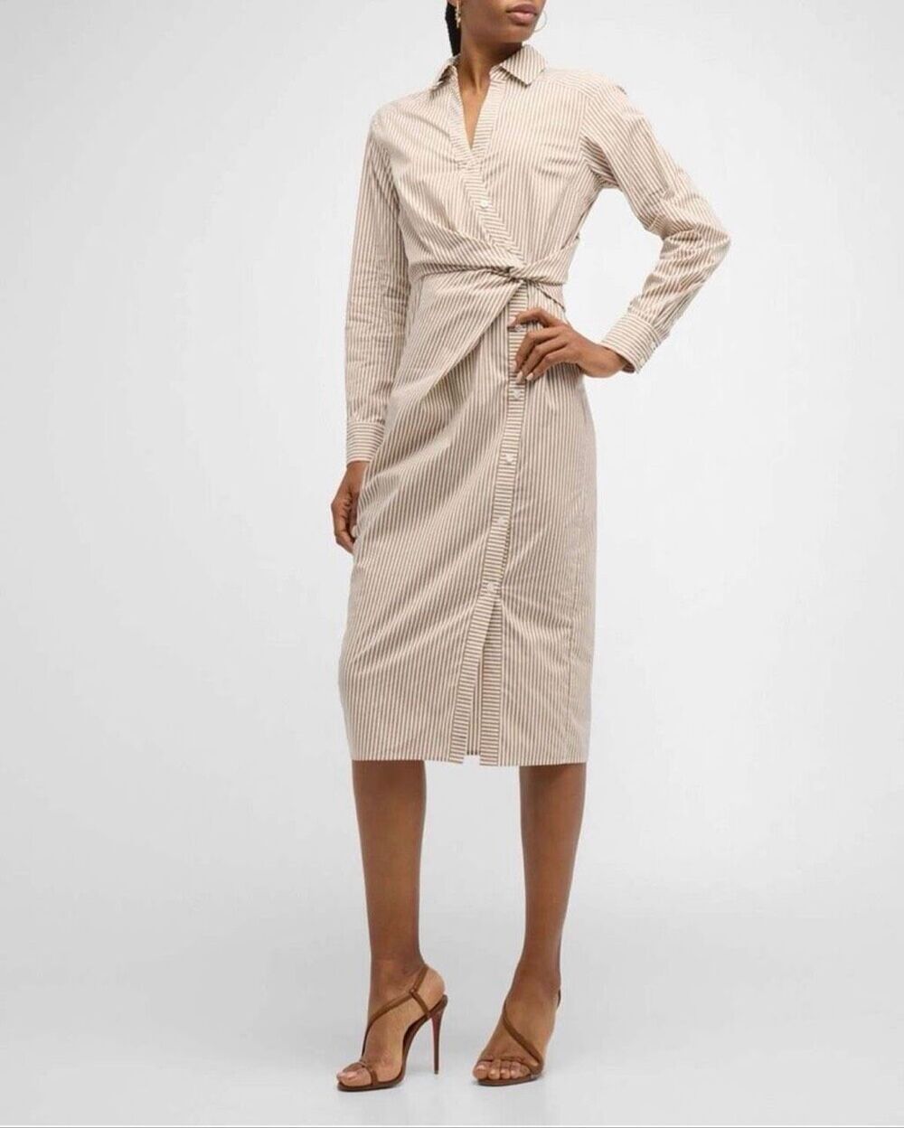 Veronica Beard Wright Cotton Shirt Dress in Tan White Stripe Size 16